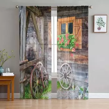 Цветочное колесо, окно, старая деревянная хижина, тюлевые прозрачные оконные шторы для гостиной, спальни, современная вуаль, занавески из органзы, шторы W135 x H115cm x1
