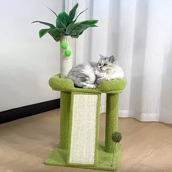 Цветочное кошачье дерево для домашних кошек, маленькая кошачья башня с кошачьей рампой из сизаля, уютный гамак и съемный зеленый насест для котят 40*40*73cm зелёный