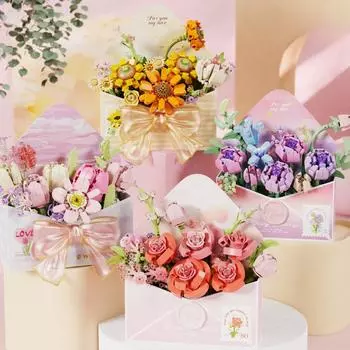 Цветочное любовное письмо, строительные блоки, букет, романтический конверт, собранная из микрочастиц игрушка, креативный подарок для девочки на праздник 14.6*6*14.1cm