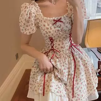 Цветочное мини-платье женское с пышными рукавами, расклешенное, с драпировкой, во французском стиле, элегантные платья на день рождения