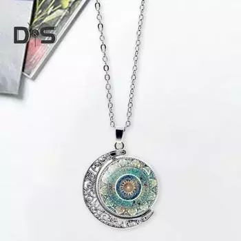 Цветочное ожерелье с двухсторонним вращающимся кулоном в виде луны, женское ожерелье с цепочкой для свитера, украшения для свиданий, банкетов, повседневной одежды зелёный