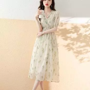 Цветочное платье для женщин на лето, новый стиль, облегающее талию и утягивающее платье из французского шифона для перерыва на чай M