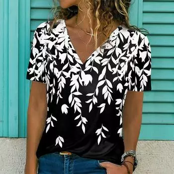 Цветочные 3D-принты Футболки для женщин Уличная одежда Футболка с коротким рукавом и V-образным вырезом Y2k Топы Футболки Большие размеры Женская одежда Harajuku S