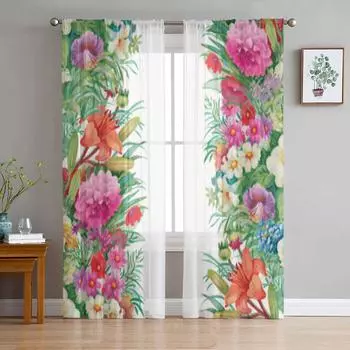 Цветочные акварельные полевые цветы в винтажном стиле, тюлевые шторы для гостиной, спальни, шифоновая прозрачная вуаль, кухонная занавеска 135W x 114H(cm)