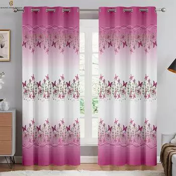 Цветочные бабочки розовые шторы с принтом подходят для спальни гостиной кабинета кухни декоративные шторы легко стирать и ухаживать W50xH130(CM)x2PCS&Grommet Top