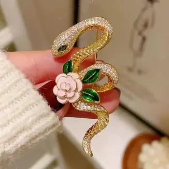 Цветочные броши в виде змеи для женщин, унисекс, костюм со стразами, зеленые булавки в виде животных, роскошные светлые глаза G3U6 Golden-One size