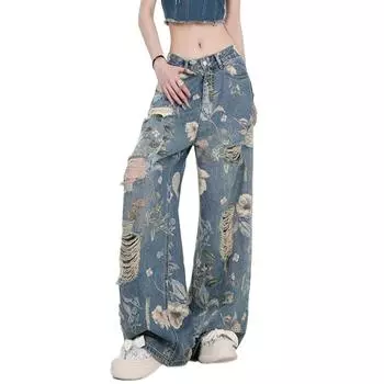 Цветочные джинсы женские Y2K Ins Broken Hollow брюки Harajuku Flower Cowboy брюки весна осень XXL