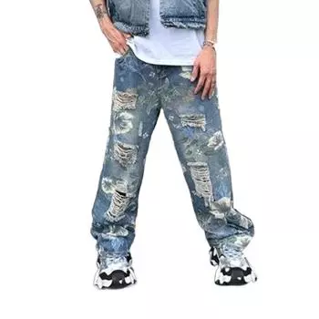 Цветочные джинсы женские Y2K Ins Broken Hollow Pants Vintage Straight Denim Trousers Boys Girls XXL