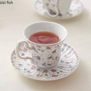 Цветочные керамические чашки для чая, кофейная чашка и набор тарелок, кружка для послеобеденного чая, десертная тарелка, чашки для завтрака, чашка для воды, заварочный чайник 201-300ml