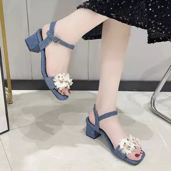 Цветочные ковбойские женские сандалии Летняя обувь Дизайнерские туфли на среднем каблуке 2024 Платье с квадратным носком Slingback Толстые туфли-лодочки Zapatos Mujer Тапочки 35 чёрный