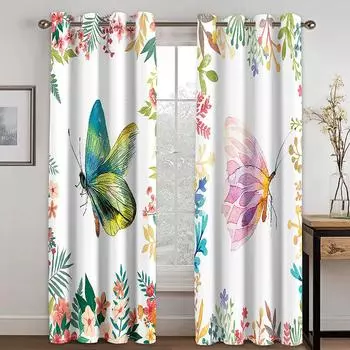 Цветочные красочные бабочки занавески растения натуральный декор кухни гостиная спальня балкон 2 панели длинные или короткие 50W130H(CM)X2PCS&Grommet Top
