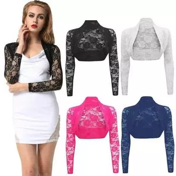 Цветочные кружева плечами свадебное болеро пальто с длинным рукавом кардиган укороченный топ S