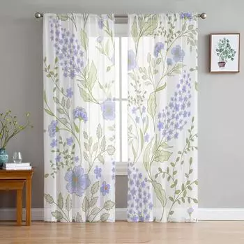 Цветочные лепестки, зеленые, синие листья, тюлевые оконные шторы для гостиной, прозрачная вуаль из органзы, занавеска для спальни, кухни, домашний декор, драпировка W135 x H115cm x1