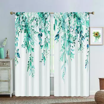 Цветочные листья Пасторальный принт Карниз для штор Карман из полиэфирного волокна Занавеска для гостиной Спальня Украшения Можно Настроить 2 ШТ. W50xH140(CM)x2PCS&Rod pocket