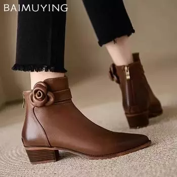Цветочные массивные женские ботильоны дизайнерские остроносые туфли на среднем каблуке кожаные туфли 2025 года трендовые зимние готические туфли-лодочки Chelsea Botas De Mujer 35 покинуть белый