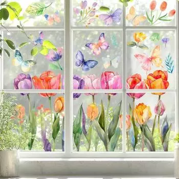 Цветочные наклейки на окна, яркий цвет, тюльпан, бабочка, дизайн, ПВХ-пленка для стекла, декор для гостиной, кухни, офиса разноцветный