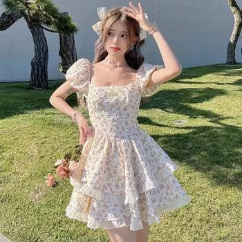 Цветочные платья с пышными рукавами, женское летнее платье с бантом, сладкое корейское платье с открытой спиной S