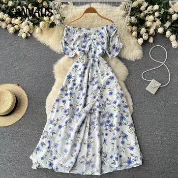 Цветочные платья Женское летнее платье с французским принтом «Эустома» на одно плечо с коротким рукавом и разрезом до колена One size абрикосовый/розовый