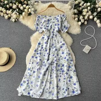 Цветочные платья Женское летнее платье с французским принтом «Эустома» на одно плечо с коротким рукавом и разрезом до колена One size розовый/абрикосовый