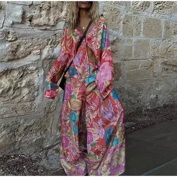 Цветочные принтованные рубашки, широкие брюки, женские винтажные однобортные брюки с высокой талией, комплекты, женские уличные весенние наряды S