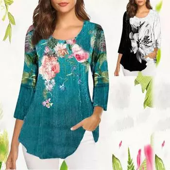 Цветочные растения 3D принт футболки женская мода длина 3/4 футболка с длинным рукавом футболки с цветочным принтом повседневные топы блузки S синий/белый