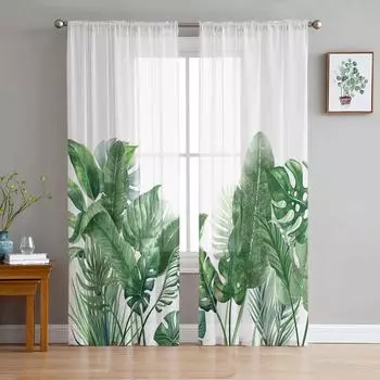 Цветочные растения, тропические растения, зеленые листья, прозрачная оконная занавеска, тюлевые шторы для гостиной, спальни, домашний декор, вуаль, шторы 135W x 114H(cm)