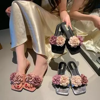 Цветочные сандалии тапочки 2024 летняя женская обувь толстый низкий каблук женские домашние тапочки повседневные квадратные головки открытый носок Pantuflas Mujer 35 чёрный