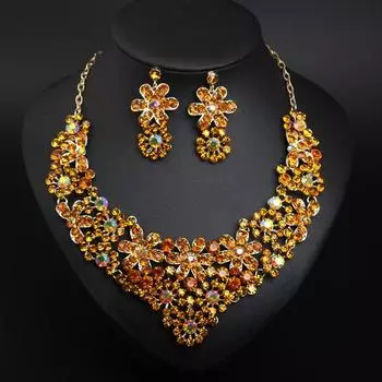 Цветочные стразы свадебное платье ожерелье серьги комплект женские модные аксессуары жёлтый