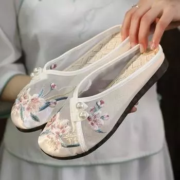 Цветочные тапочки в этническом стиле Baotou, сетчатые вышитые туфли, ретро-тапочки Hanfu для девочек EU41-Style A