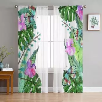 Цветочные тропические цветы орхидеи, листья и бабочки, прозрачные шторы для гостиной, тюль, оконная занавеска, спальня, кухня, шторы 135W x 114H(cm)