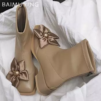 Цветочные женские ботильоны из кожи с квадратным носком и средним каблуком, дизайнерская обувь, новый бренд 2025 года, трендовая зимняя обувь на толстой подошве, женские ботинки 35 чёрный