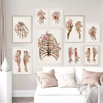 Цветочный анатомический скелет позвоночника рука рука нога медицинское искусство холст живопись плакаты на скандинавскую тему и принты настенные панно для декора клиники 21cm30cm NoFrame