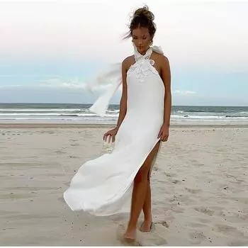 Цветочный атласный халтер летнее ретро белое вязаное крючком вечернее платье халтер длинные платья S белый