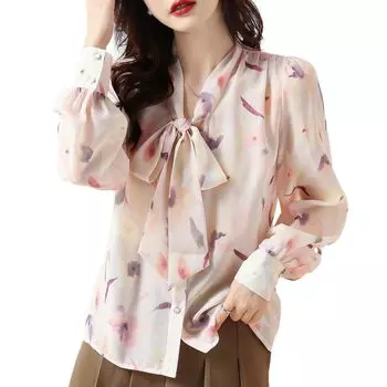 Цветочный бант шифон пышный стильный длинный стильный узкий длинный свободный тонкий белый [J-Scott] Блузка в акварельном стиле, материал, рукава, пуговицы, рукава, белый