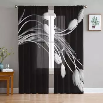 Цветочный белый тюльпан, черные тюлевые шторы для гостиной, спальни, кухни, декор, прозрачные прозрачные шторы из вуали, оконные шторы