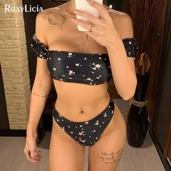 Цветочный бикини с открытыми плечами, женский купальник, женский купальник, комплект бикини со средней талией, купальный костюм S чёрный