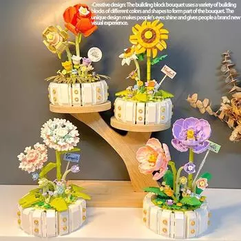 Цветочный букет, строительные блоки, роза, подсолнух, фиолетовое растение, бонсай, модель, кирпичи, украшение для рабочего стола, детские игрушки «сделай сам», праздничные подарки жёлтый/зелёный