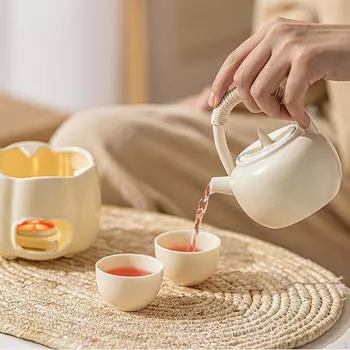 Цветочный чайник для чая с подогревом кипящей воды, термостойкая керамика для домашнего использования на открытом воздухе Beige with Handle