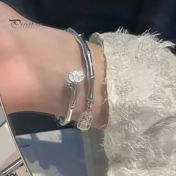 Цветочный декор, женский браслет, китайский иероглиф, кулон, регулируемая форма бамбука, открытый браслет, ювелирные аксессуары серебряный