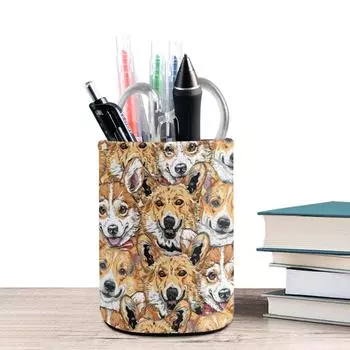 Цветочный держатель для ручек и карандашей из искусственной кожи, цилиндрический держатель для ручек, органайзер для офисного стола, держатель для кистей для макияжа в офисе зелёный