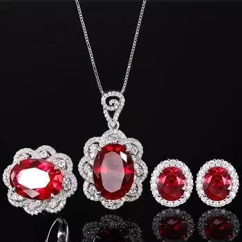 Цветочный дизайн красный рубин синяя шпинель фиолетово-розовый кубический циркон кулон ожерелье серьги-гвоздики регулируемое кольцо комплект из 3 предметов ювелирные изделия Resizable
