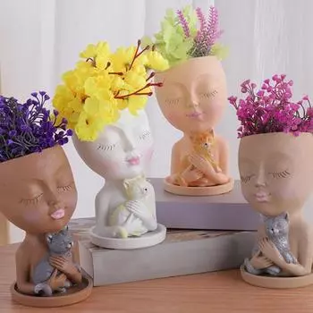 Цветочный горшок, декоративный резной кот, в скандинавском стиле, для девочек, креативный DIY, смоляный горшок для девочек, держащий кошку, садовый горшок хаки