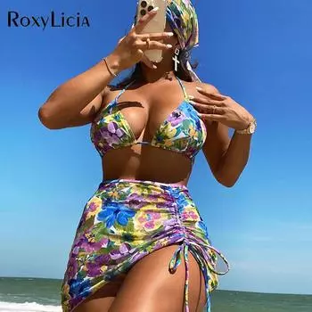 Цветочный Холтер с лентой для волос, юбка, бикини, женский купальник, женские купальники, комплект бикини из четырех предметов, купальный костюм для плавания S