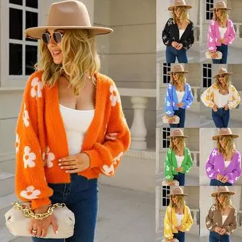 Цветочный кардиган Harajuku Y2K Streetwear Кардиган с рукавами-фонариками Осенний сексуальный милый вязаный укороченный свитер Повседневная мода XL чёрный