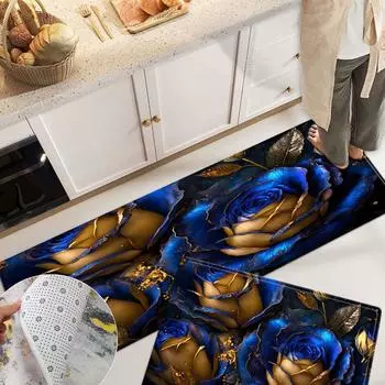 Цветочный ковер, кухонный коврик, 3D ковер с цветочным принтом розы, напольный коврик для кухни, ванной комнаты, прикроватная тумбочка, нескользящий абсорбирующий мягкий бархат 40x60cm 1pcs