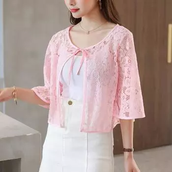 Цветочный кружевной кардиган рубашка шнуровка солнцезащитный кардиган топы сетчатая маленькая шаль куртка лето 3XL розовый