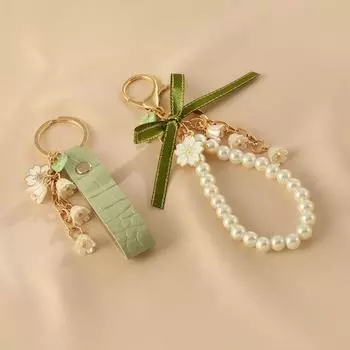 Цветочный металлический брелок-подвеска с искусственным жемчугом, лента с бантом, декоративный автомобильный брелок, наушники C