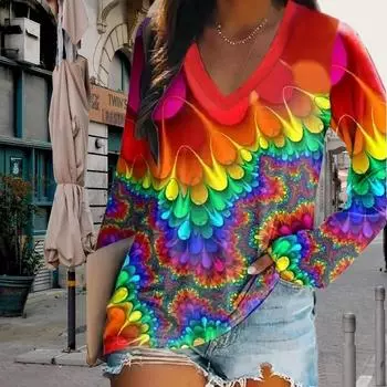 Цветочный пентаграммный принт женские футболки женские топы с длинным рукавом V-образный вырез пуловер женские футболки футболка для женщин XS красный