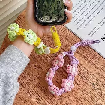 Цветочный плетеный ремешок на запястье, мобильный шнурок для защиты от потери, модное заявление зелёный