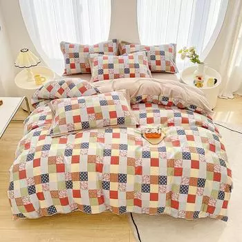 Цветочный пододеяльник Queen Vintage Plaid Patchwork Комплект постельного белья Boho Farmhouse Двусторонний пододеяльник для девочек и женщин Комплект из 4 предметов 150x200cm 4pcs set